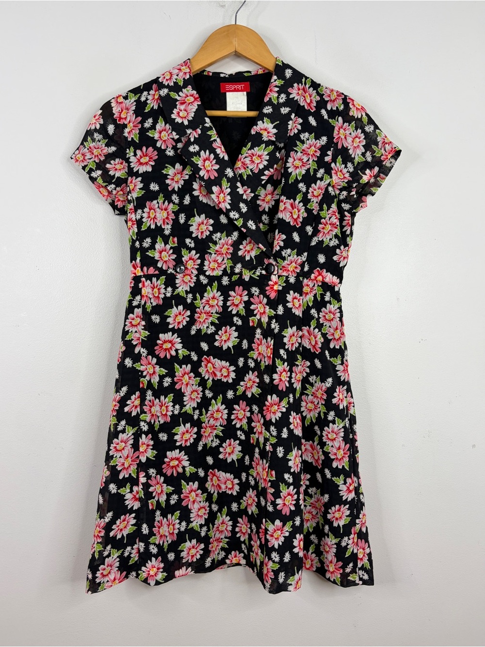 Vintage Dress Womens 6 Black Pink Daisy Floral Short Sleeve Wrap Chiffon 90s Y2K